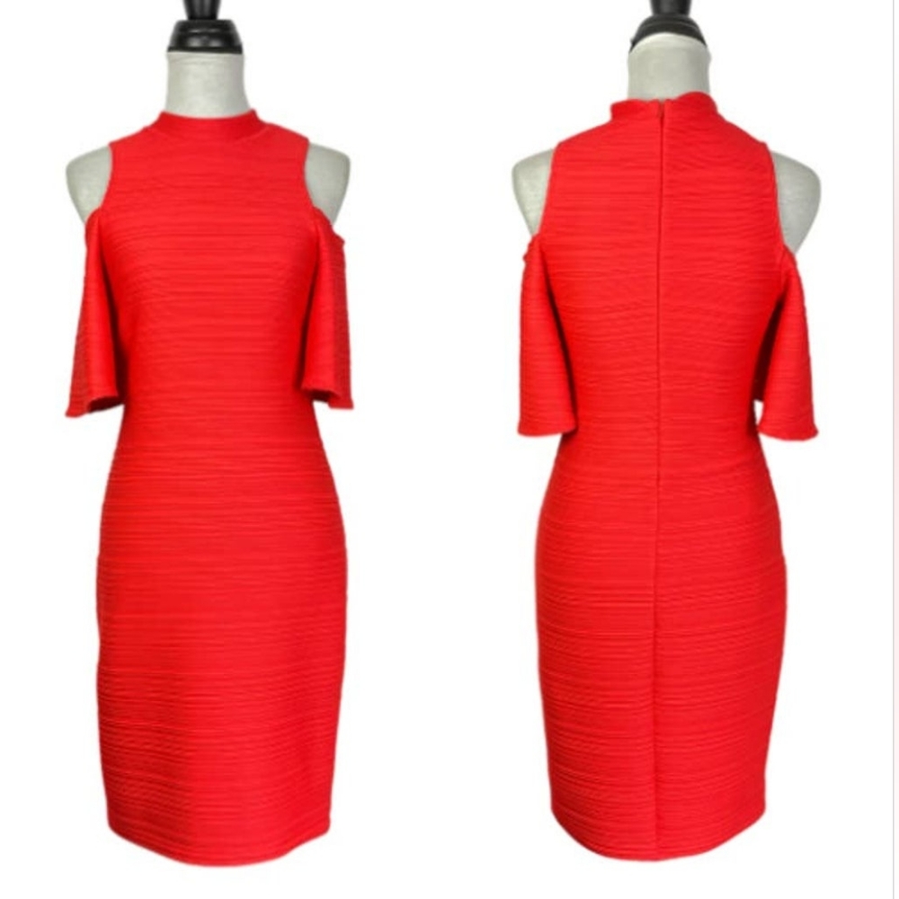 Shoshanna Fillmore Sz.0 Bright Coral Red Cold Shoulder Ribbed Cocktail Dress